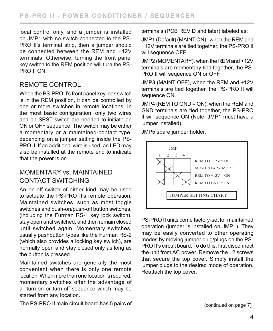 Remote control, Momentary vs. maintained contact switching | Furman Sound PS-PRO II User Manual | Page 5 / 12