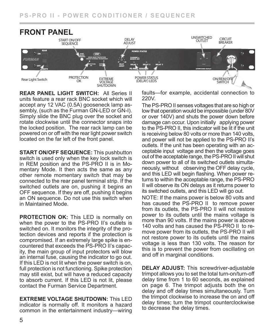 Front panel | Furman Sound PS-PRO II User Manual | Page 6 / 12