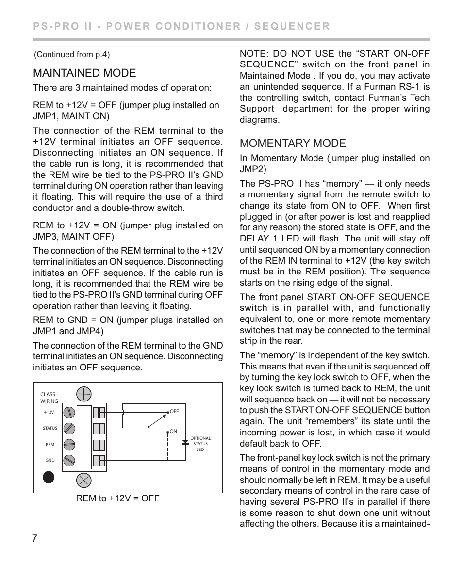 Maintained mode, Momentary mode, Rem to +12v = off | Furman Sound PS-PRO II User Manual | Page 8 / 12