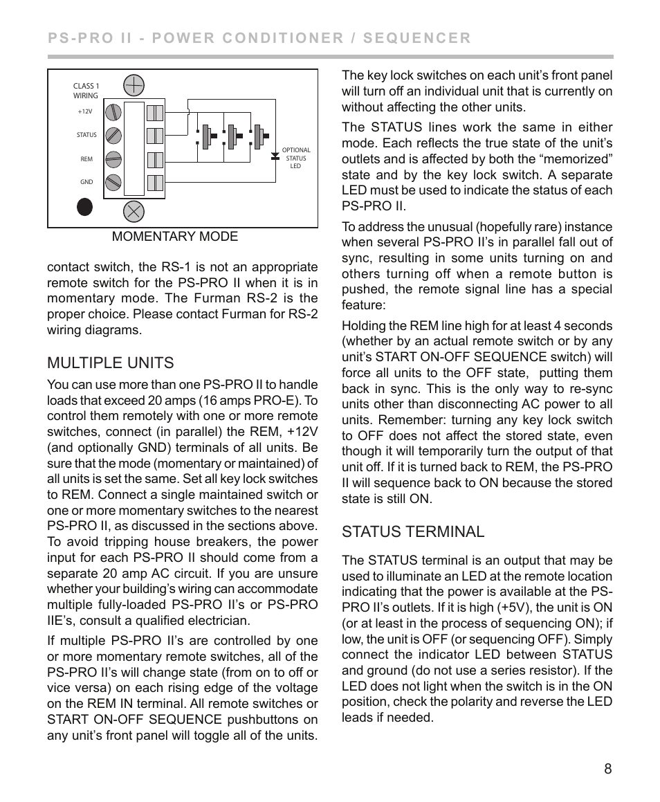 Multiple units, Status terminal | Furman Sound PS-PRO II User Manual | Page 9 / 12
