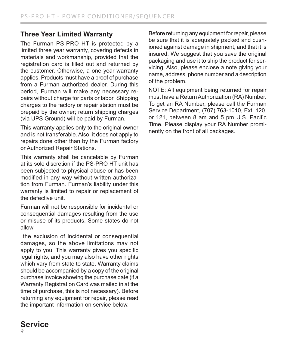 Service, Three year limited warranty | Furman Sound PS-PRO HT User Manual | Page 10 / 12