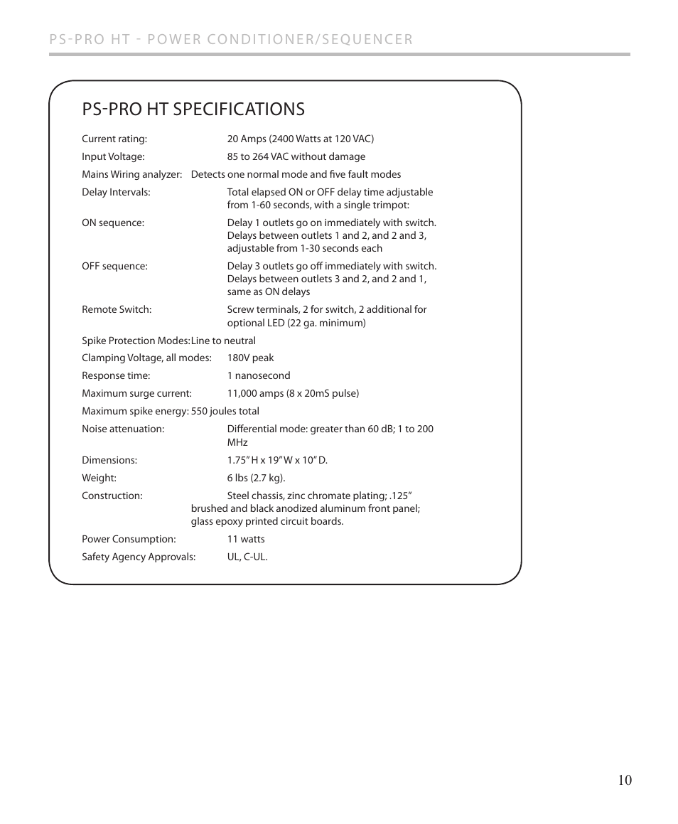 Ps-pro ht specifications | Furman Sound PS-PRO HT User Manual | Page 11 / 12