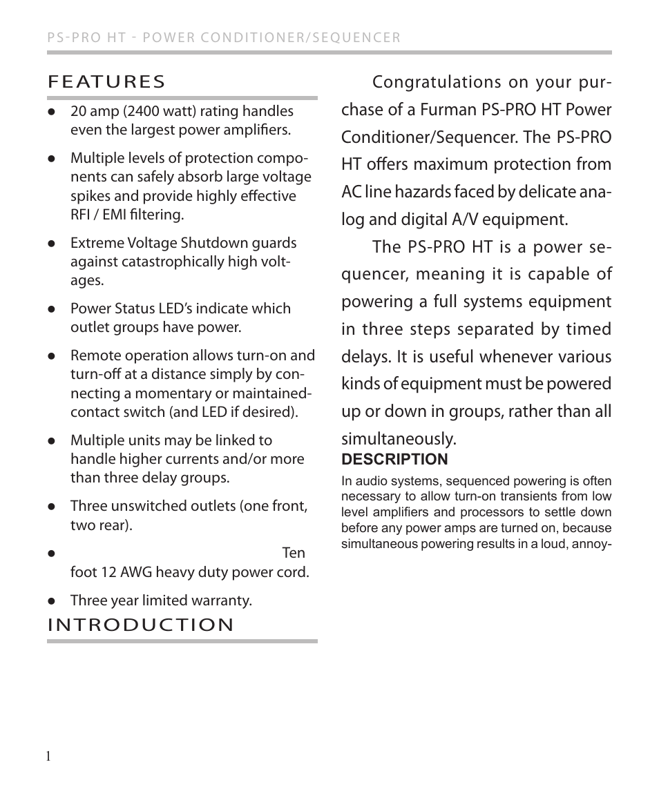 F e atu r es | Furman Sound PS-PRO HT User Manual | Page 2 / 12