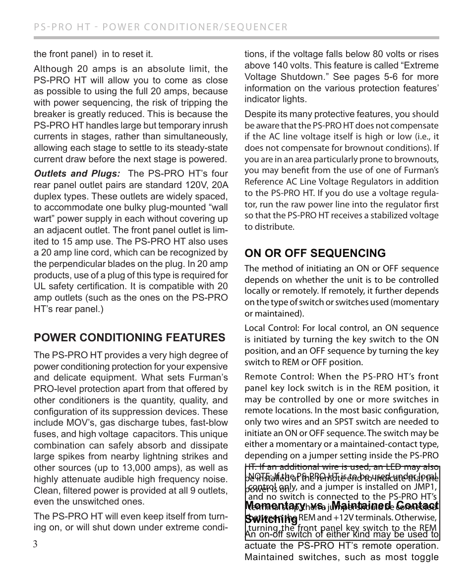 On or off sequencing, Momentary vs. maintained contact switching, Power conditioning features | Furman Sound PS-PRO HT User Manual | Page 4 / 12