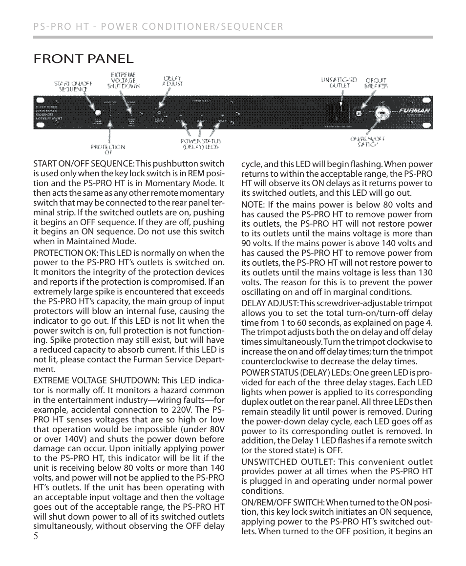 Front panel | Furman Sound PS-PRO HT User Manual | Page 6 / 12