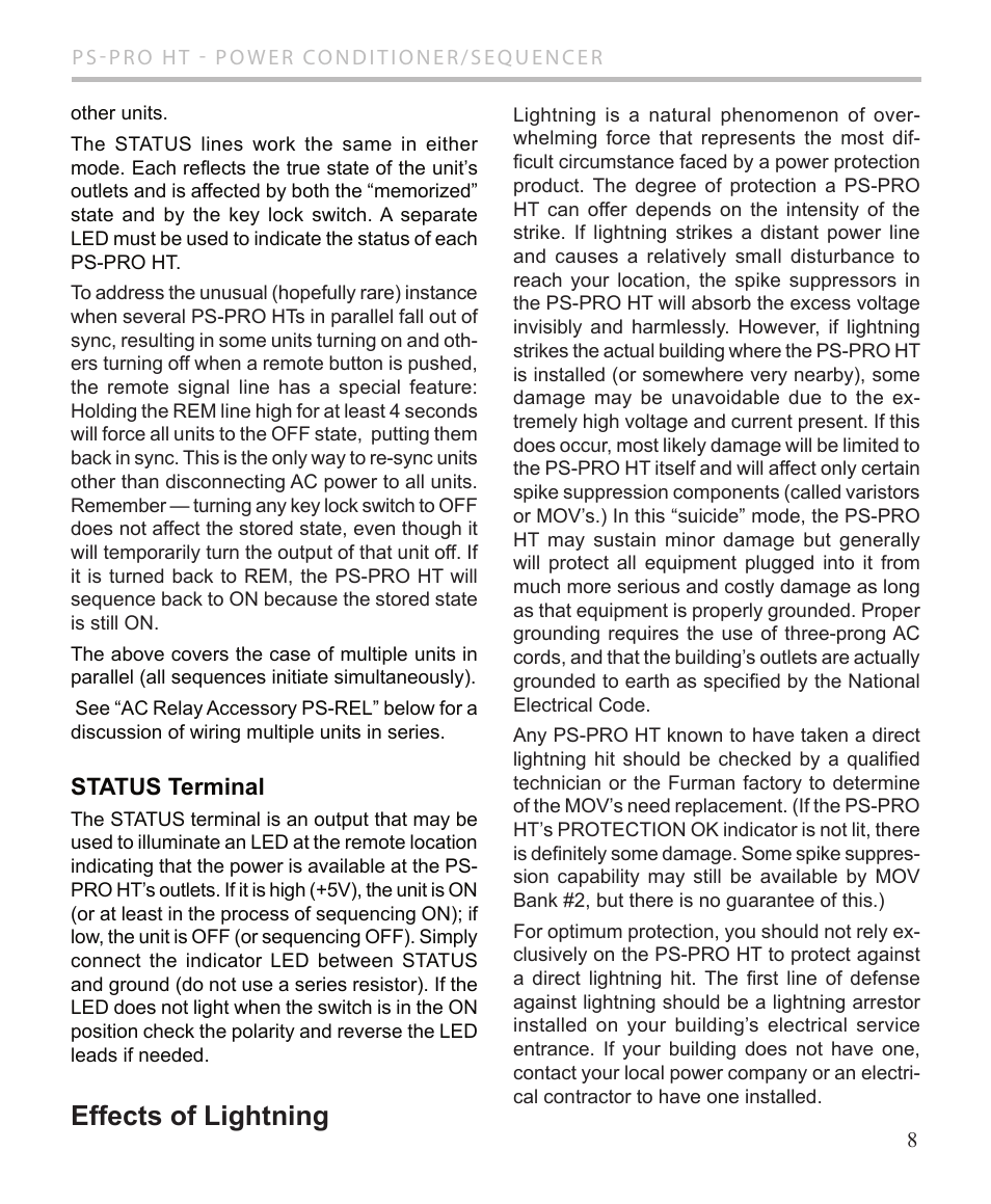 Effects of lightning, Status terminal | Furman Sound PS-PRO HT User Manual | Page 9 / 12