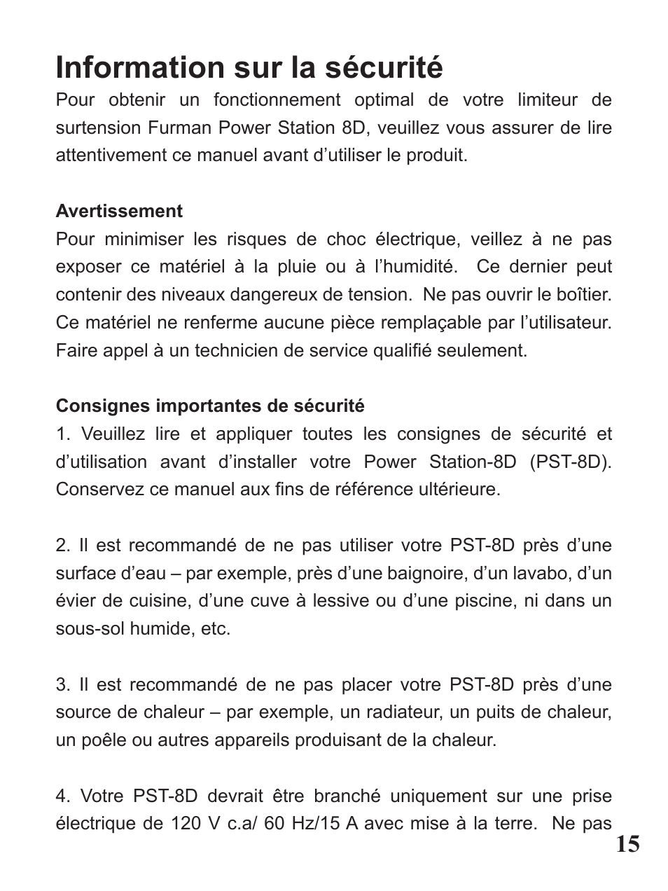 Information sur la sécurité | Furman Sound PST-8D User Manual | Page 15 / 36