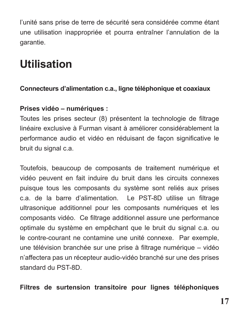 Utilisation | Furman Sound PST-8D User Manual | Page 17 / 36