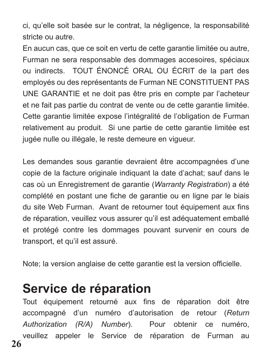 Service de réparation | Furman Sound PST-8D User Manual | Page 26 / 36