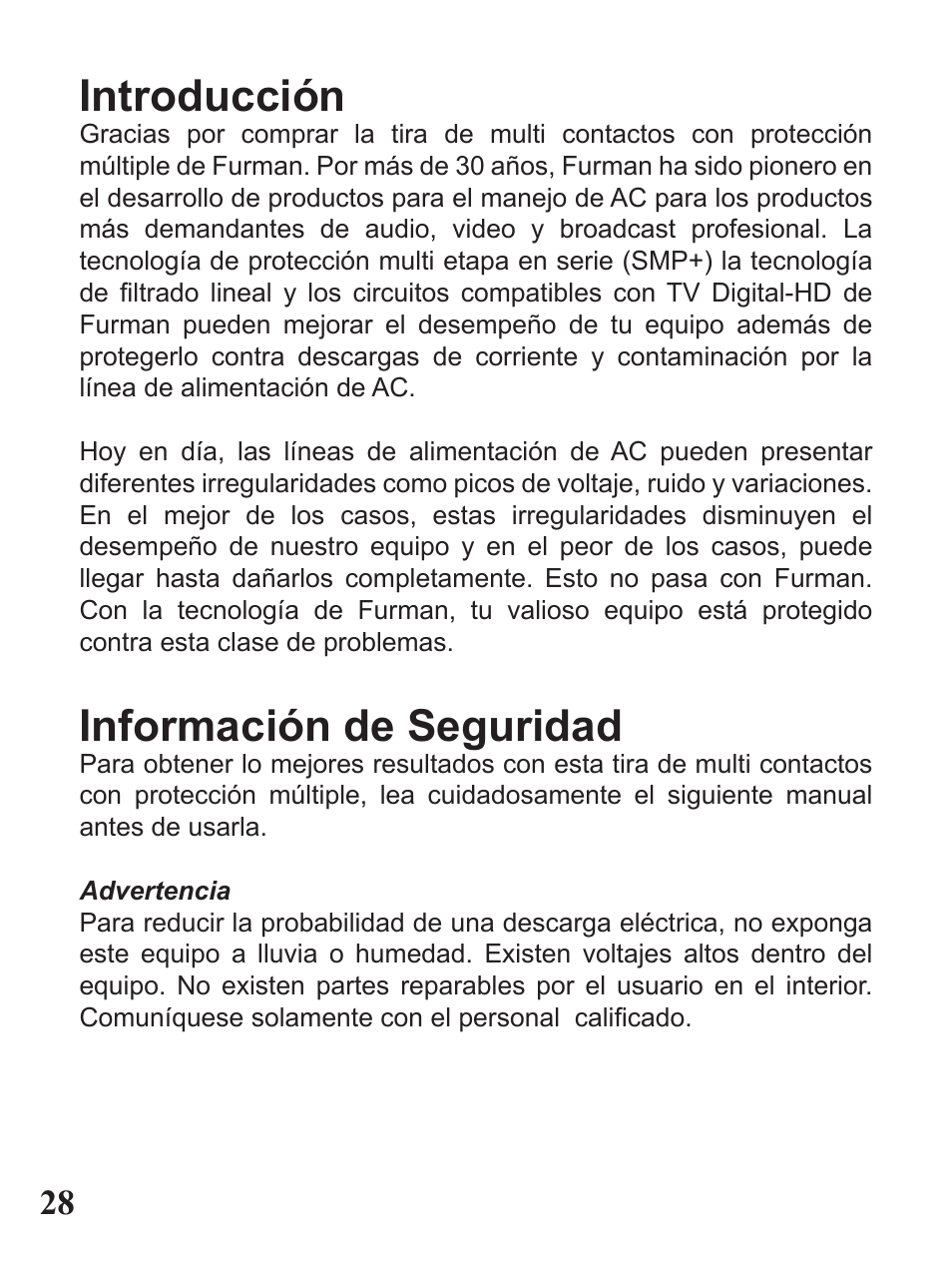 Introducción, Información de seguridad | Furman Sound PST-8D User Manual | Page 28 / 36