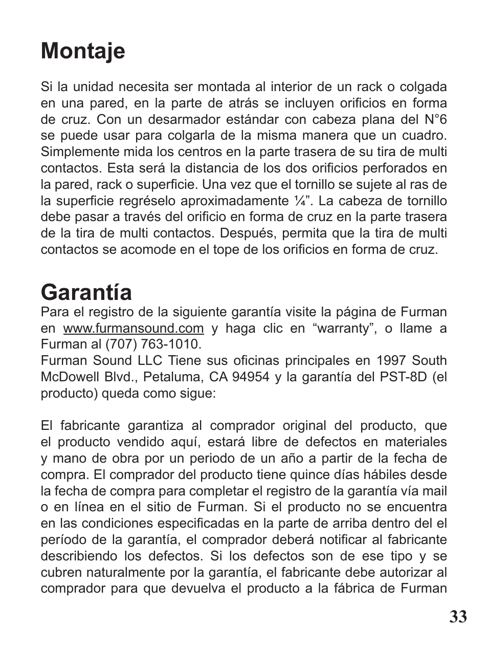 Montaje, Garantía | Furman Sound PST-8D User Manual | Page 33 / 36