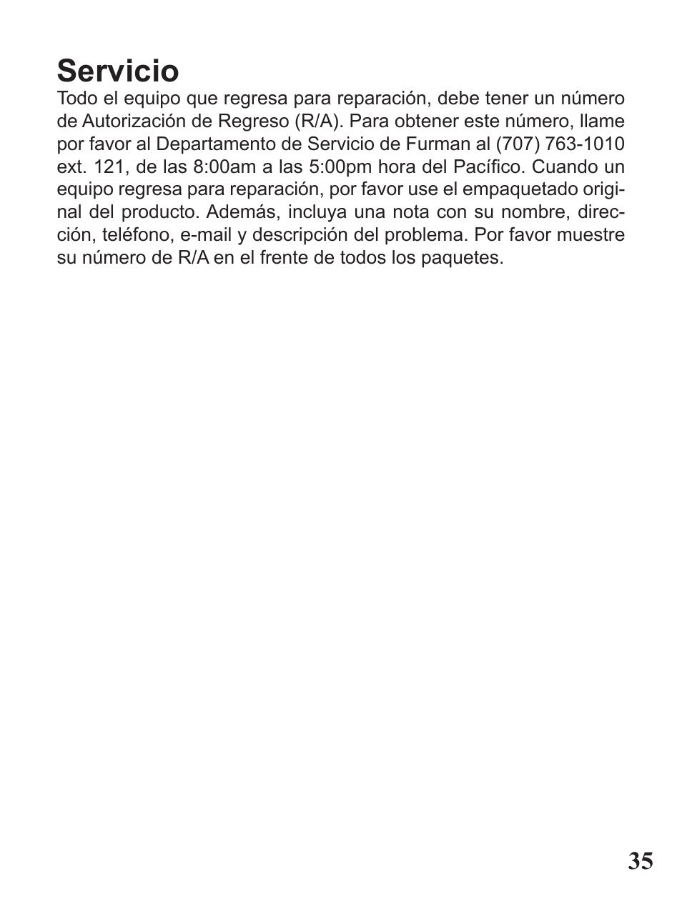 Servicio | Furman Sound PST-8D User Manual | Page 35 / 36