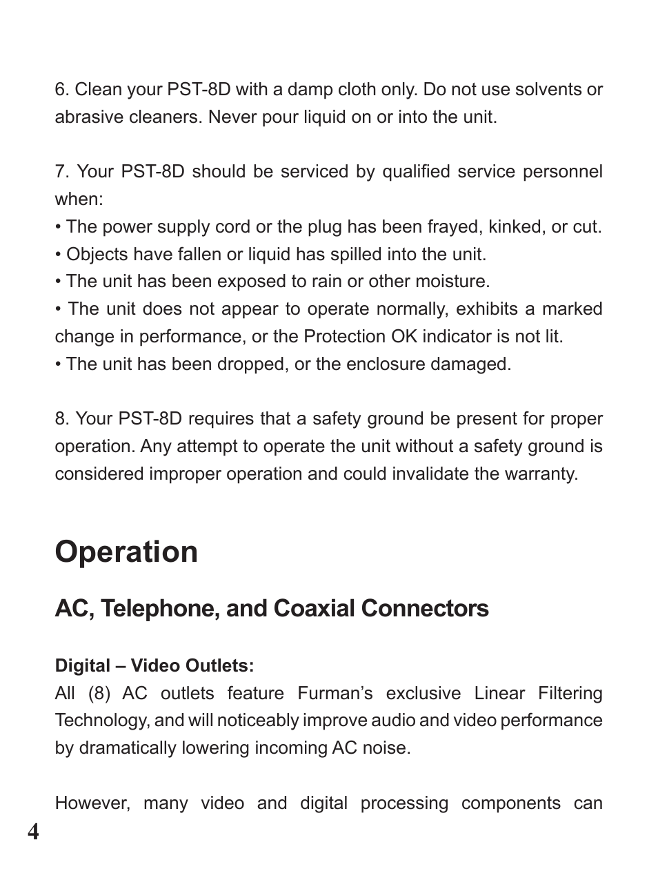 Operation | Furman Sound PST-8D User Manual | Page 4 / 36