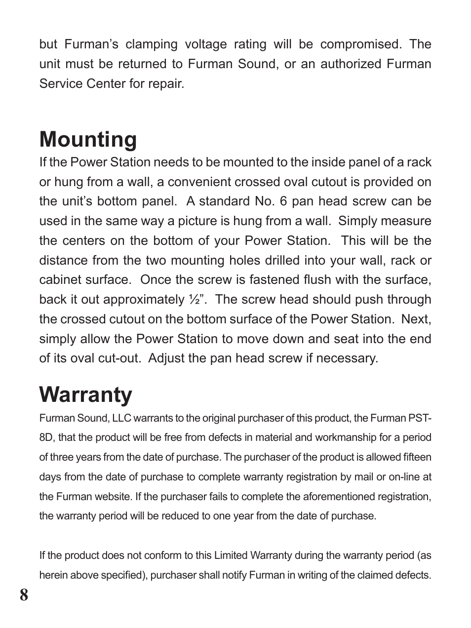 Mounting, Warranty | Furman Sound PST-8D User Manual | Page 8 / 36