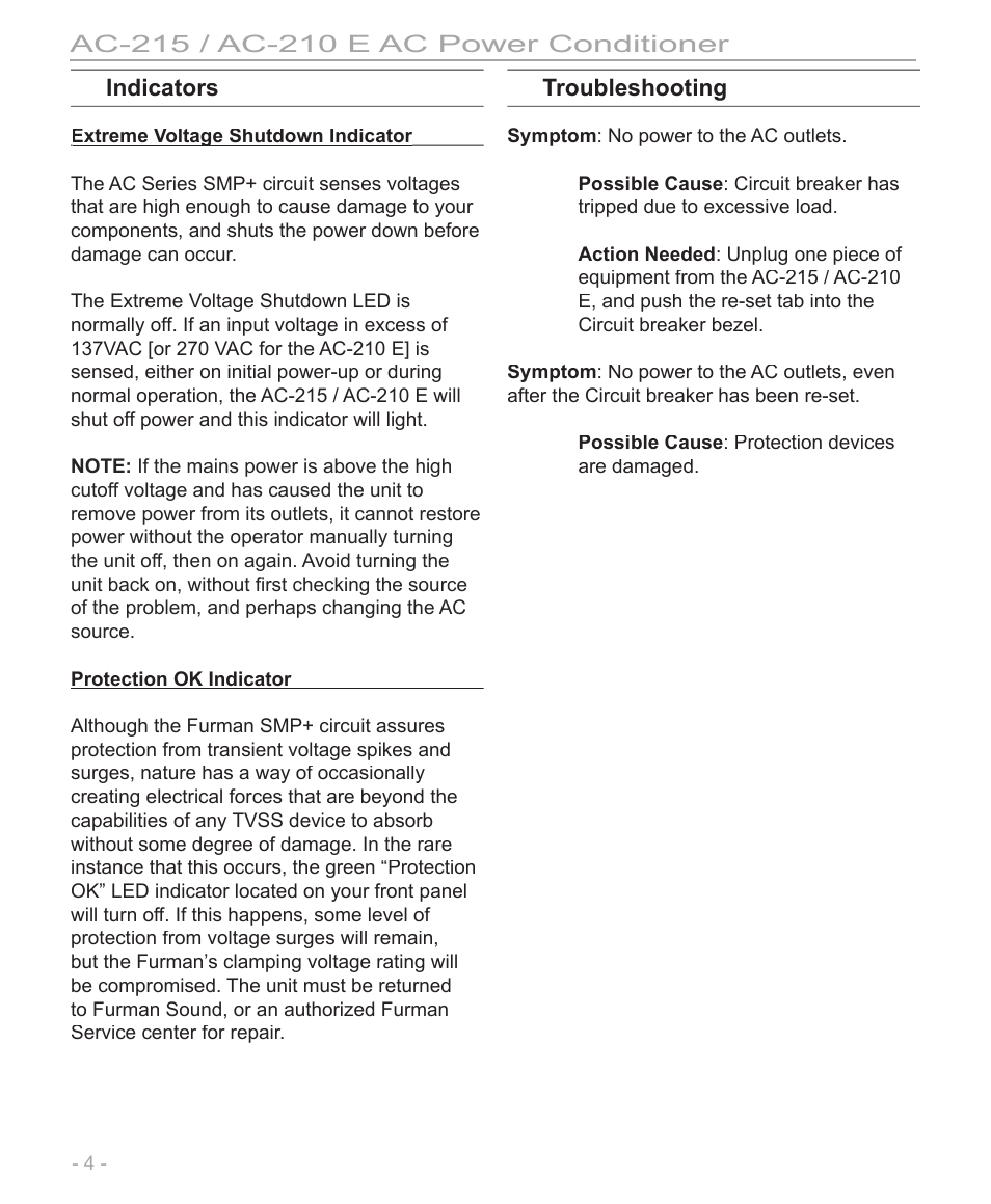 Indicators, Troubleshooting | Furman Sound pmn User Manual | Page 4 / 8