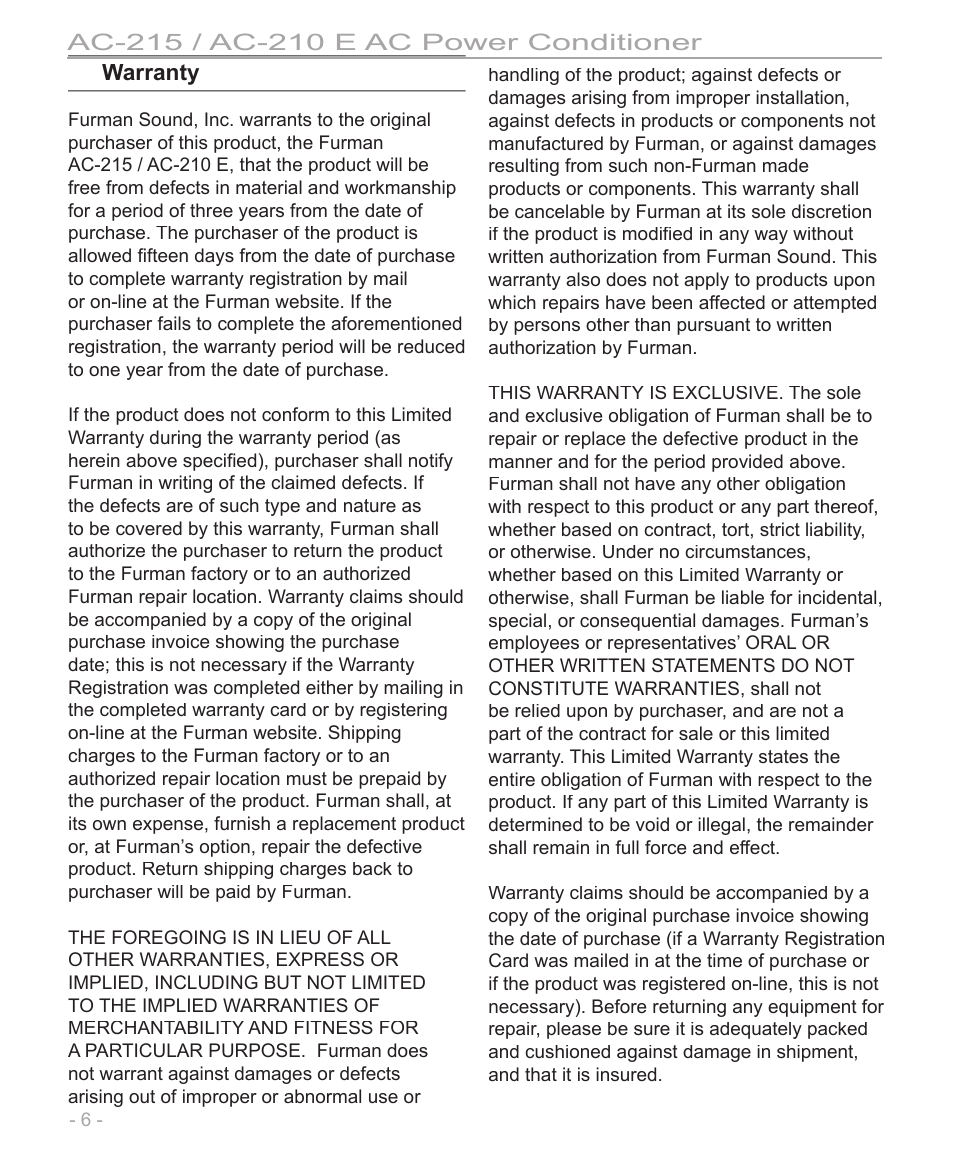 Warranty | Furman Sound pmn User Manual | Page 6 / 8