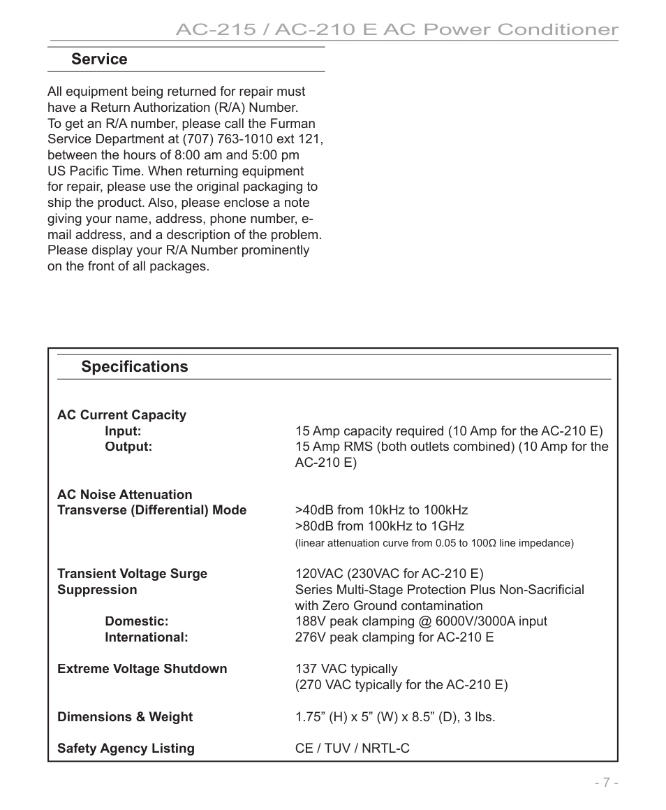 Service, Speciﬁ cations | Furman Sound pmn User Manual | Page 7 / 8