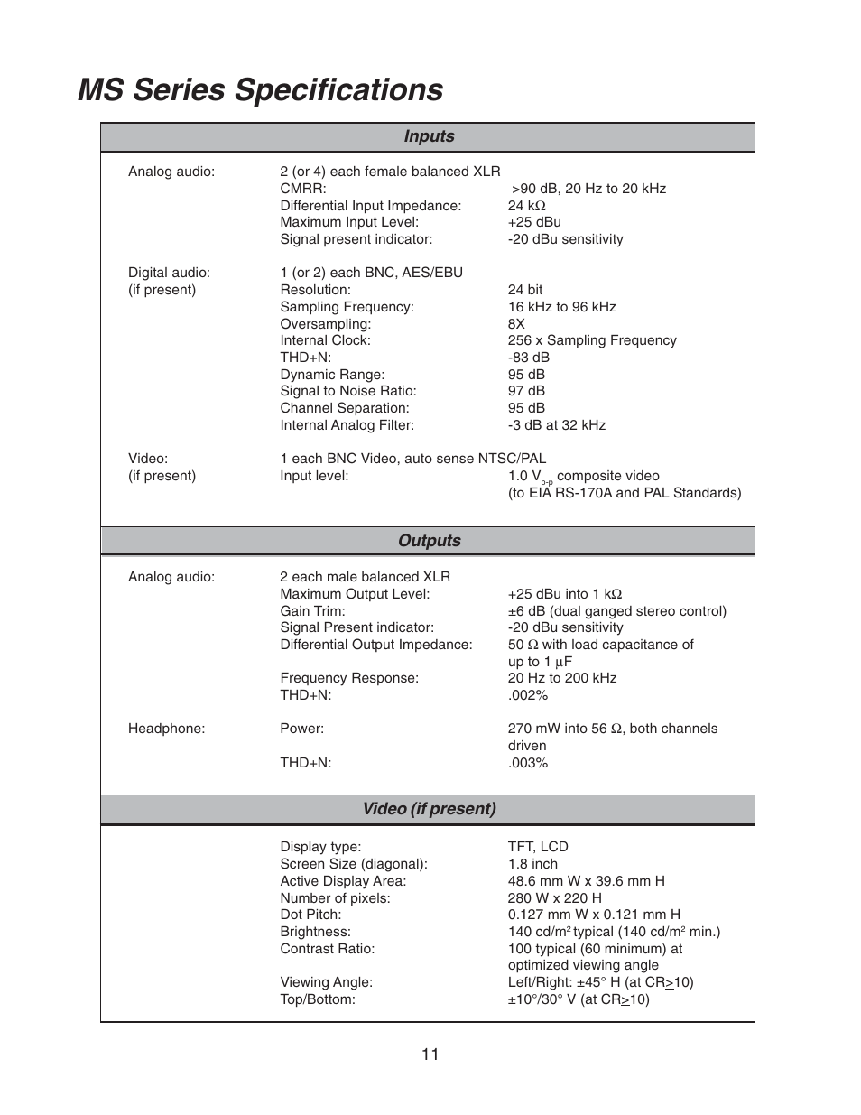 Ms series specifications, Inputs outputs, Video (if present) | Furman Sound CONFIDENCE MS2A-1 User Manual | Page 11 / 12