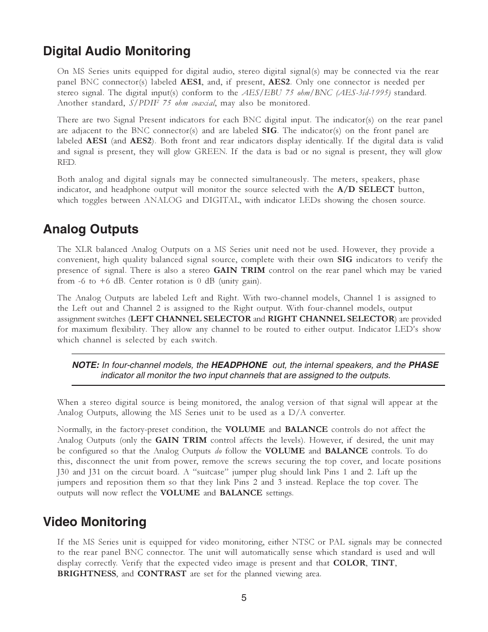 Digital audio monitoring, Analog outputs, Video monitoring | Furman Sound CONFIDENCE MS2A-1 User Manual | Page 5 / 12