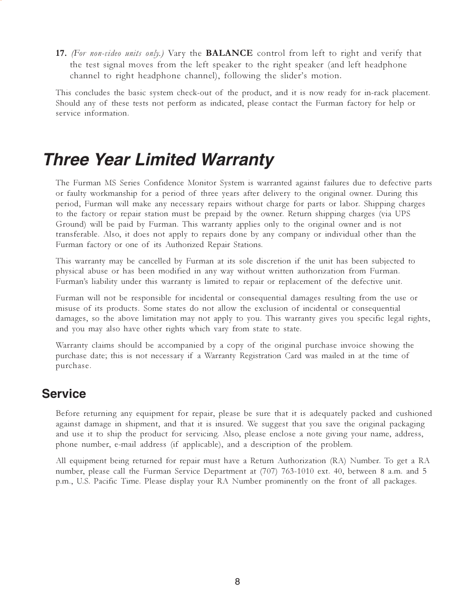Three year limited warranty, Service | Furman Sound CONFIDENCE MS2A-1 User Manual | Page 8 / 12