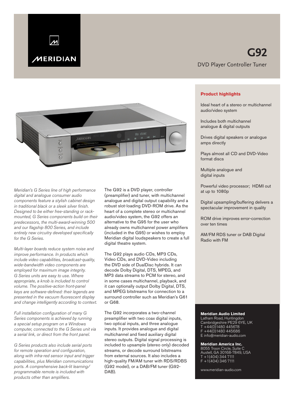 Meridian Audio G92 User Manual | 4 pages