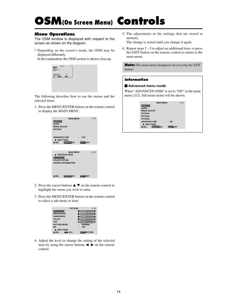 Controls, On screen menu), Menu operations | On the remote control | Meridian Audio FPP-42HD20 User Manual | Page 20 / 49