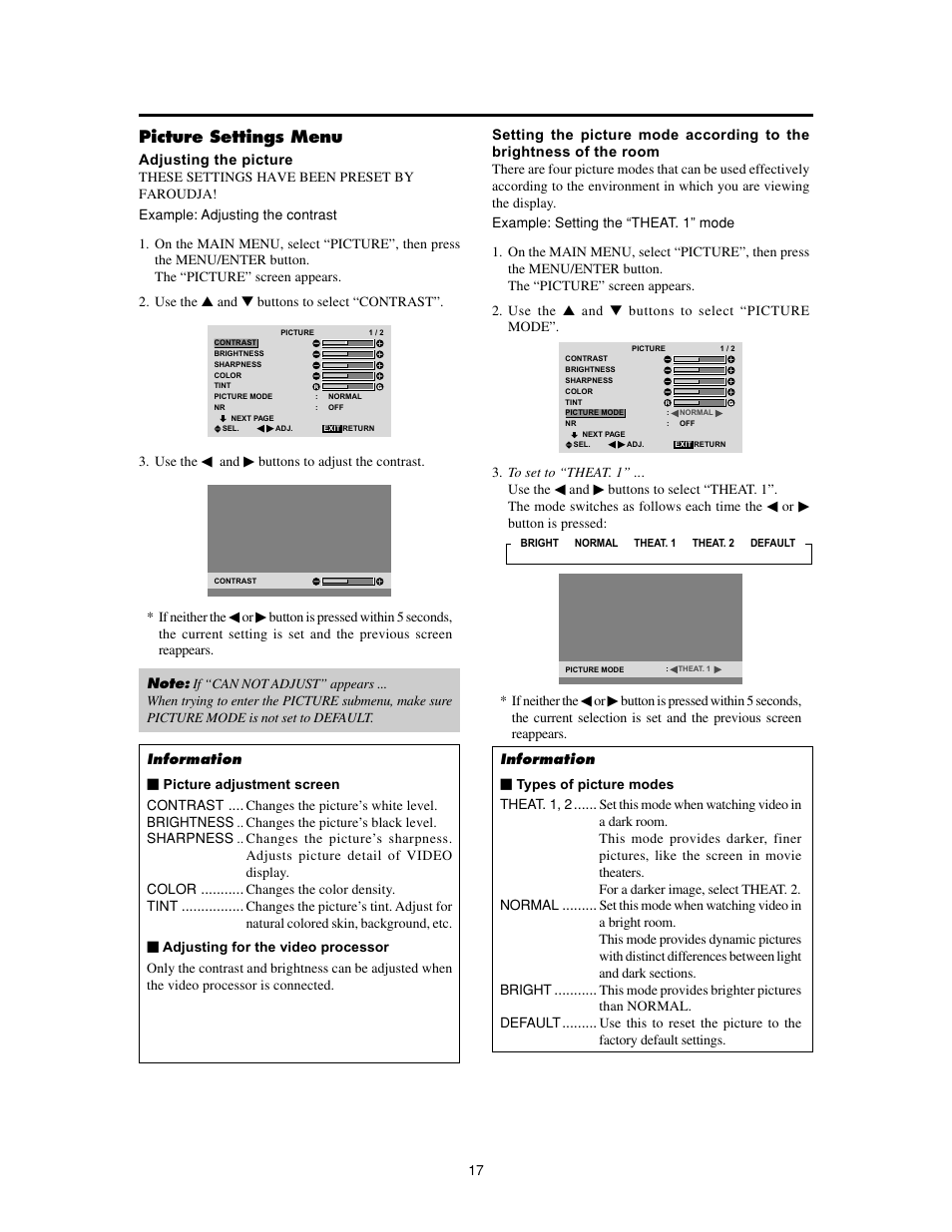 Picture settings menu | Meridian Audio FPP-42HD20 User Manual | Page 23 / 49