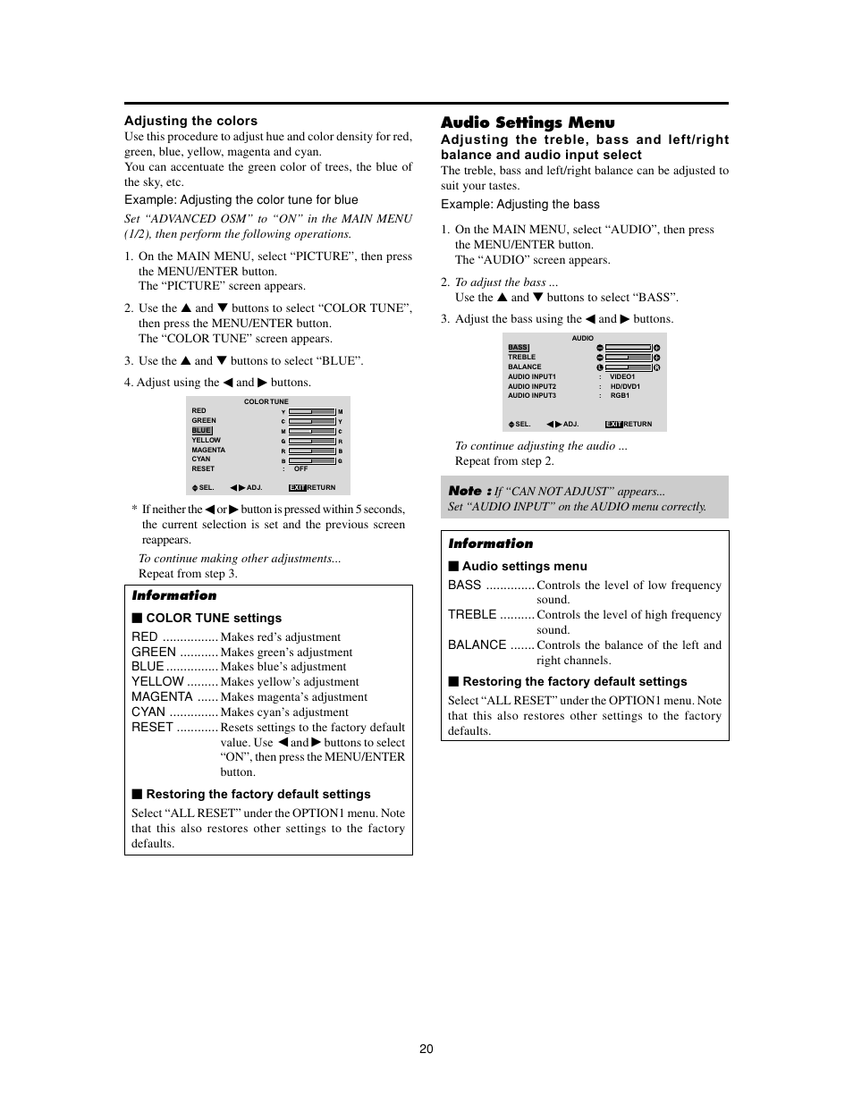 Audio settings menu | Meridian Audio FPP-42HD20 User Manual | Page 26 / 49