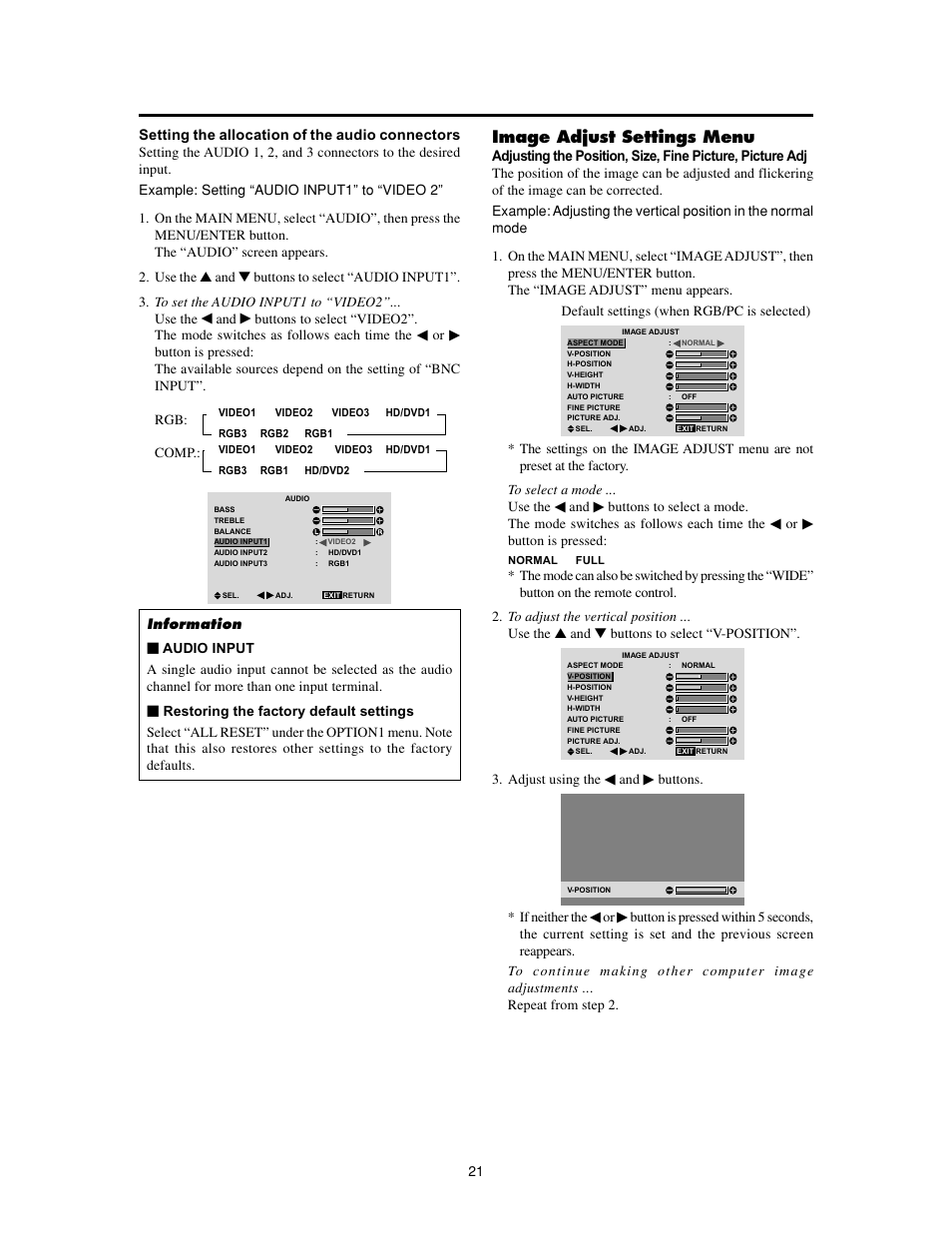 Image adjust settings menu | Meridian Audio FPP-42HD20 User Manual | Page 27 / 49