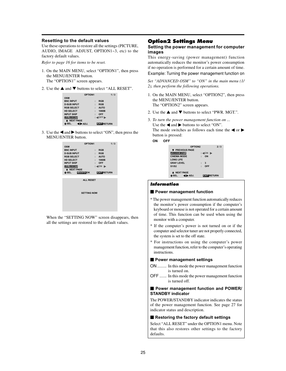 Option2 settings menu, Use the, Button is pressed | Meridian Audio FPP-42HD20 User Manual | Page 31 / 49