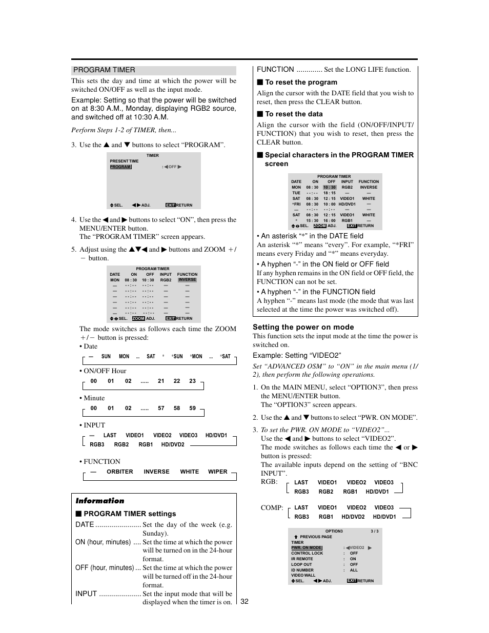 Use the, Buttons and zoom ם/ מ button, On/off hour | Minute, Input, Function | Meridian Audio FPP-42HD20 User Manual | Page 38 / 49