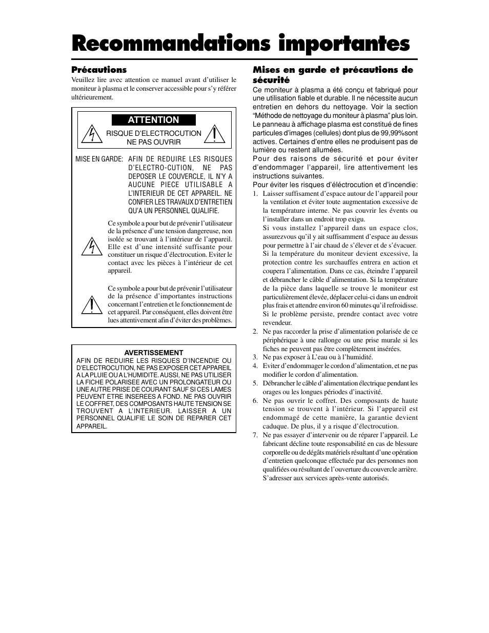 Recommandations importantes | Meridian Audio FPP-42HD20 User Manual | Page 4 / 49