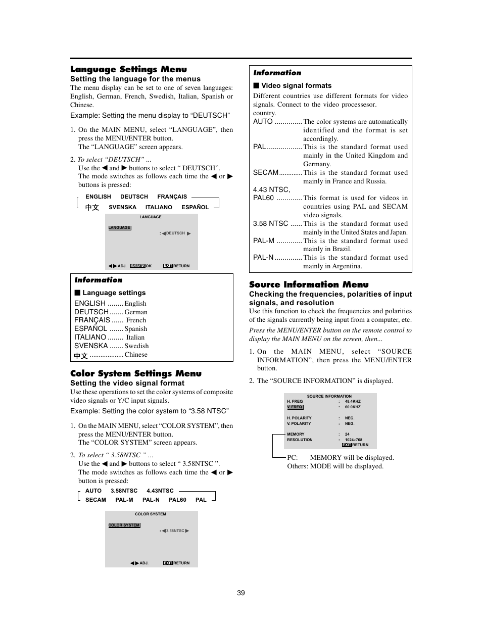 Color system settings menu, Source information menu, Language settings menu | Meridian Audio FPP-42HD20 User Manual | Page 45 / 49