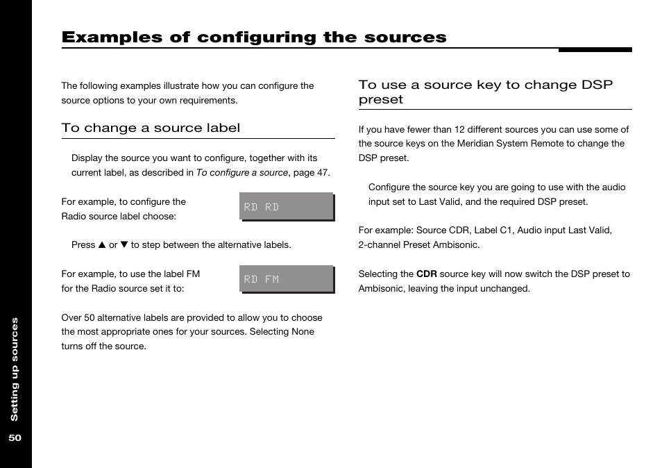 Examples of configuring the sources, Examples, Dsp preset, using source keys to change | Changing label, Examples of configuring the, Sources | Meridian Audio 565 User Manual | Page 54 / 66