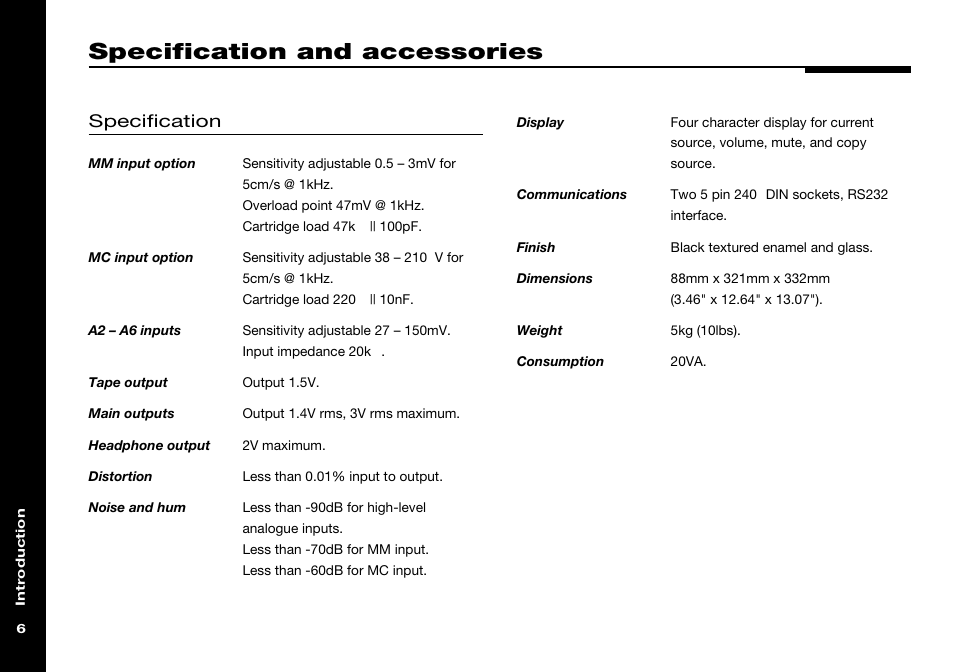 Specification and accessories, Specification | Meridian Audio 501 User Manual | Page 10 / 50