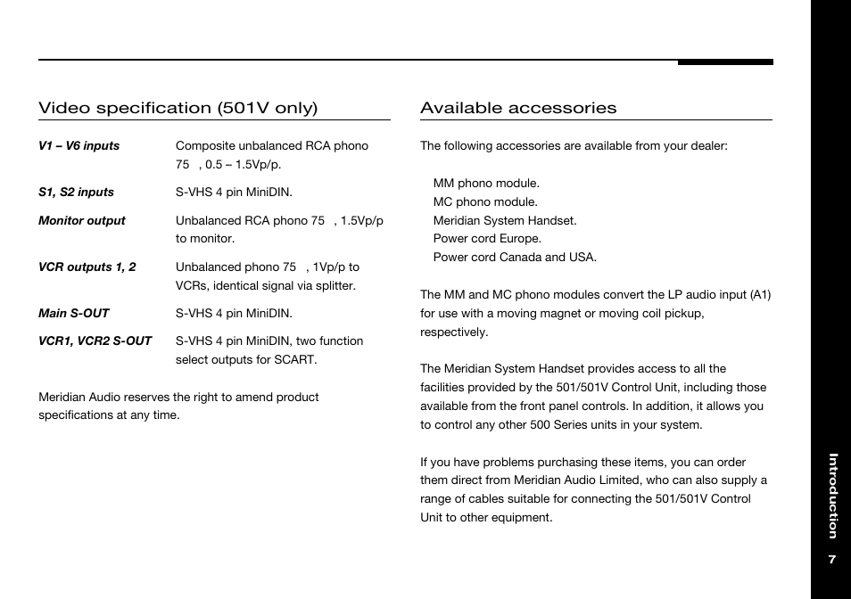 Accessories, Mc phono module, Mm phono module | 501v, Specification, Video specification (501v only), Available accessories | Meridian Audio 501 User Manual | Page 11 / 50