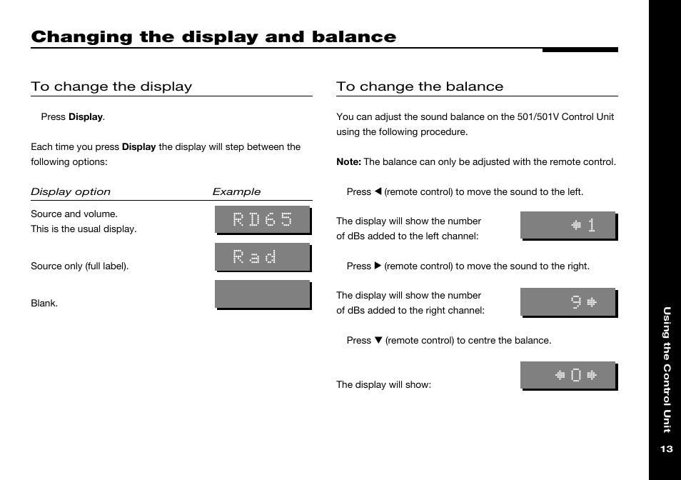 Changing the display and balance, Balance, Adjusting | Centring, Changing the display, Display, Changing, Rd65 | Meridian Audio 501 User Manual | Page 17 / 50