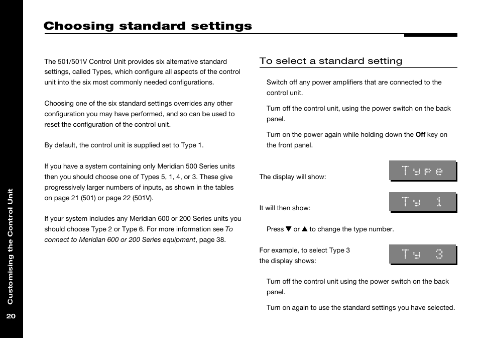 Choosing standard settings, Selecting, Type | Ty 1, Ty 3 | Meridian Audio 501 User Manual | Page 24 / 50