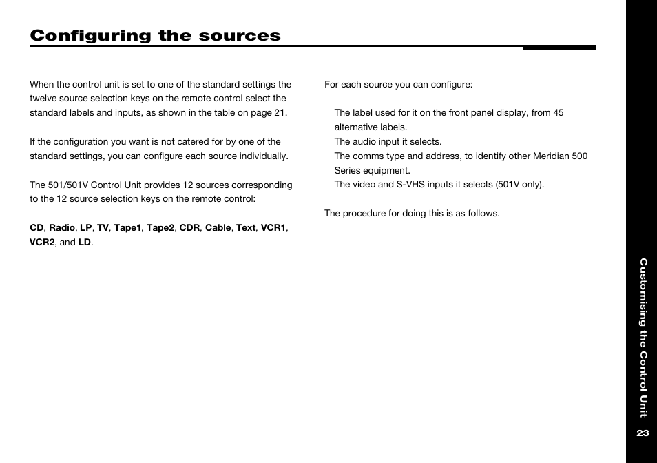 Configuring the sources, Configuring sources, Configuring | Meridian Audio 501 User Manual | Page 27 / 50