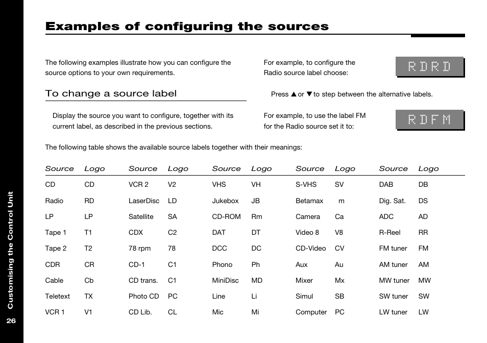 Examples of configuring the sources, Labels, Source labels | Changing label, Examples of configuring the, Sources, Rdrd, Rdfm | Meridian Audio 501 User Manual | Page 30 / 50