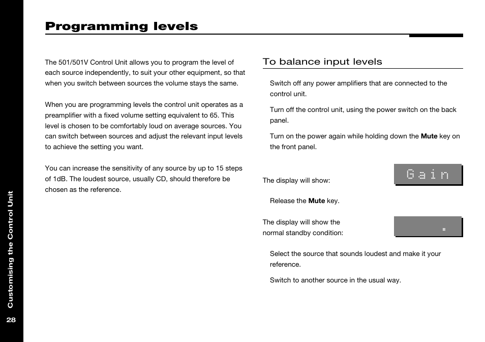 Programming levels, Balancing input levels, Levels, programming | Gain | Meridian Audio 501 User Manual | Page 32 / 50
