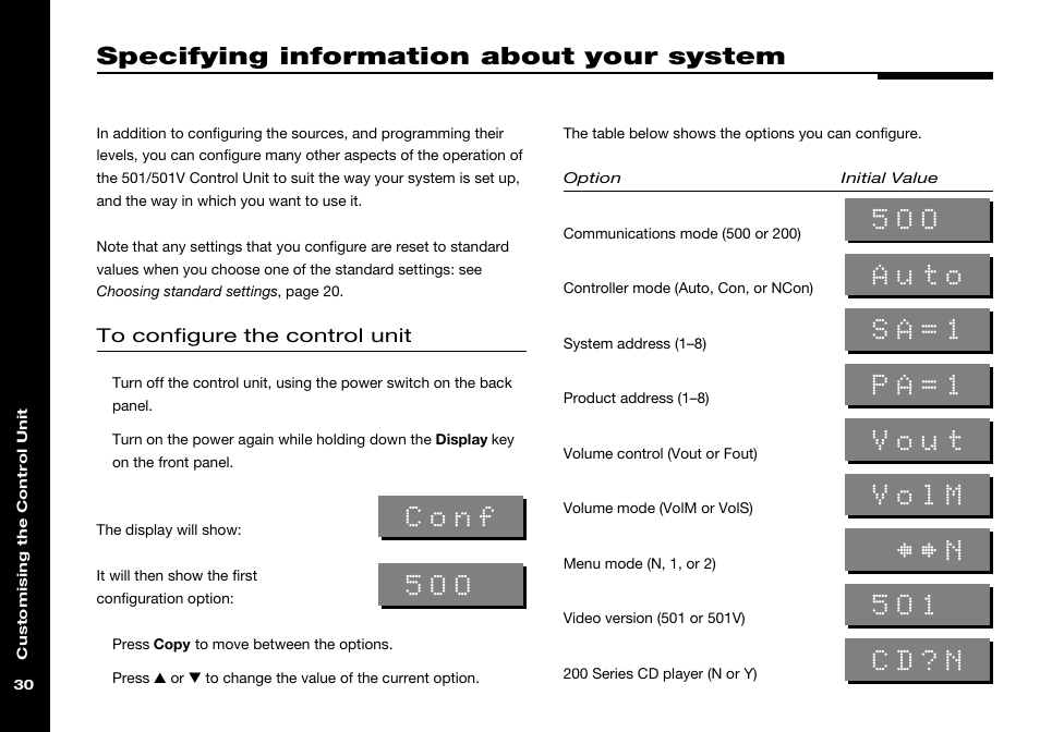 Specifying information about your system, 200 series cd player, Communications mode | Controller mode, Menu mode, Product address, System address, Video version, Volume control, Volume mode | Meridian Audio 501 User Manual | Page 34 / 50