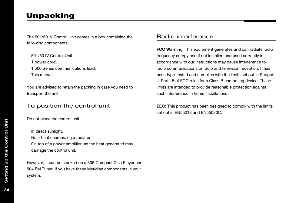Unpacking, Components, Installing | Positioning, Radio interference | Meridian Audio 501 User Manual | Page 38 / 50