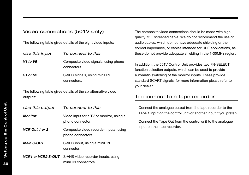 To a tape recorder, Video, Tape recorder, connecting to | Video connections, Connections, Video connections (501v only) | Meridian Audio 501 User Manual | Page 40 / 50
