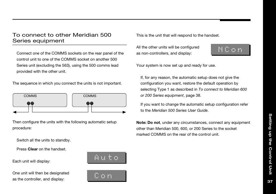 To meridian 500 series equipment, Meridian 500 series operation, setting, For 500 series operation | Auto, Ncon | Meridian Audio 501 User Manual | Page 41 / 50