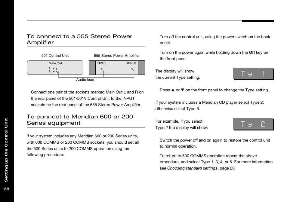 To a 555 stereo power amplifier, To meridian 600 and 200 series equipment, Meridian 600 and 200 series operation, setting | For 600 and 200 series operation, Types, Ty 1, Ty 2 | Meridian Audio 501 User Manual | Page 42 / 50