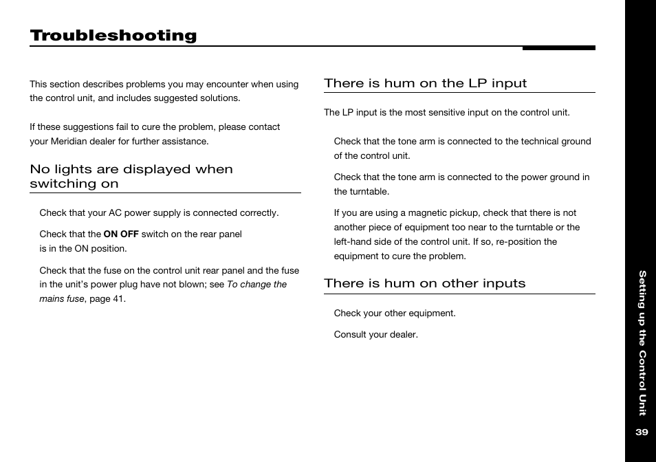 Troubleshooting, Hum problems | Meridian Audio 501 User Manual | Page 43 / 50