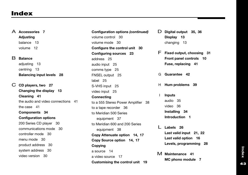 Index, Adjusting, Balance | Configuration options, Connecting, Copying, Inputs | Meridian Audio 501 User Manual | Page 47 / 50