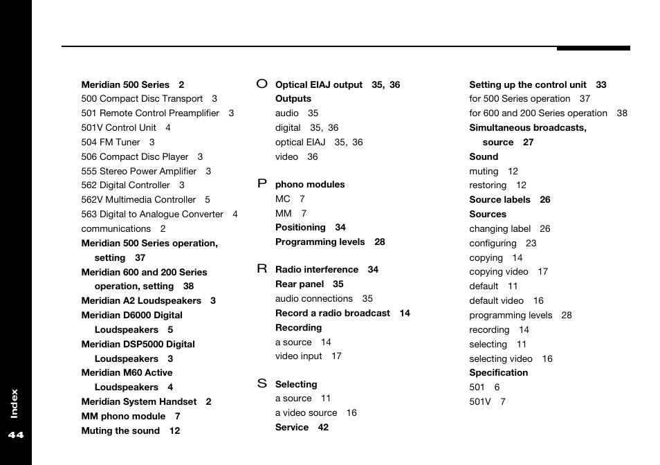 Outputs, Phono modules, Recording | Selecting, Sound, Sources, Specification | Meridian Audio 501 User Manual | Page 48 / 50