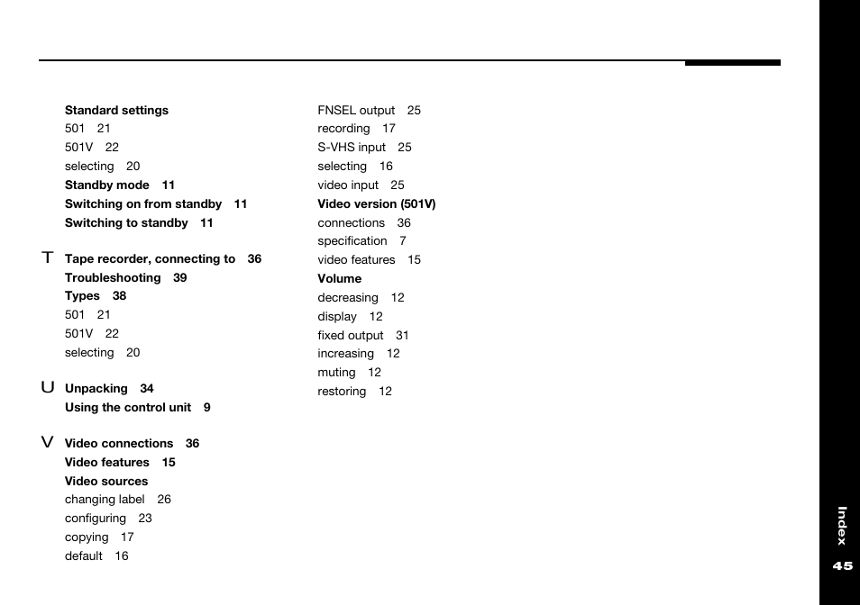 Standard settings, Video sources, Video version (501v) | Volume | Meridian Audio 501 User Manual | Page 49 / 50